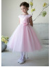 Princess Tulle Cap Sleeves Tea Length Flower Girl Dress With Flower Sash